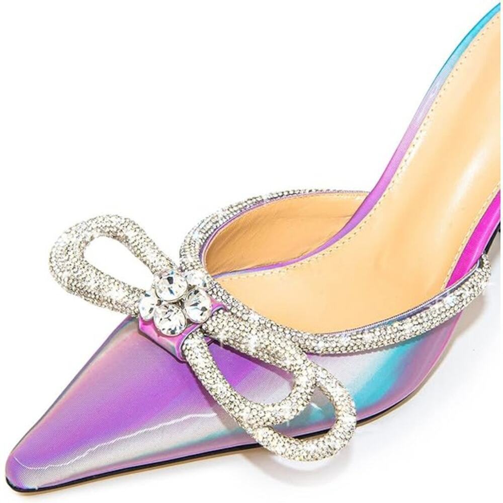 Women High Heeled Mules Crystal Rhinestones Double Bow Sandal Pointed Toe Summer - Picture 2 of 8